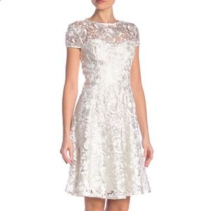 MARINA ivory lace cap sleeves fit and flare dress